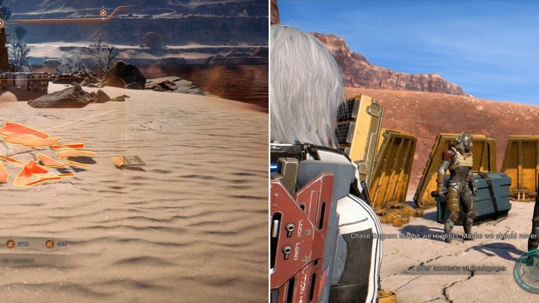 Kill the wildlife and scan the wreckage at each Supply Drop Site (left) then confront the exiles responsible (right) and decide their fate.