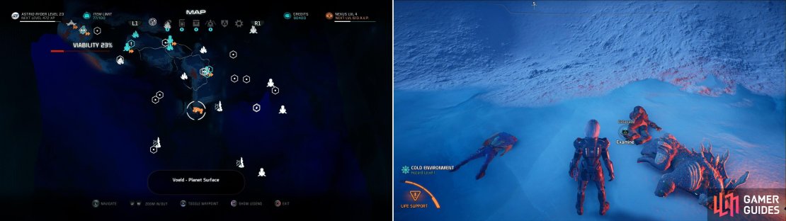 Go to the location indicated on the map (left) and search a battle site to find a Datapad (right).