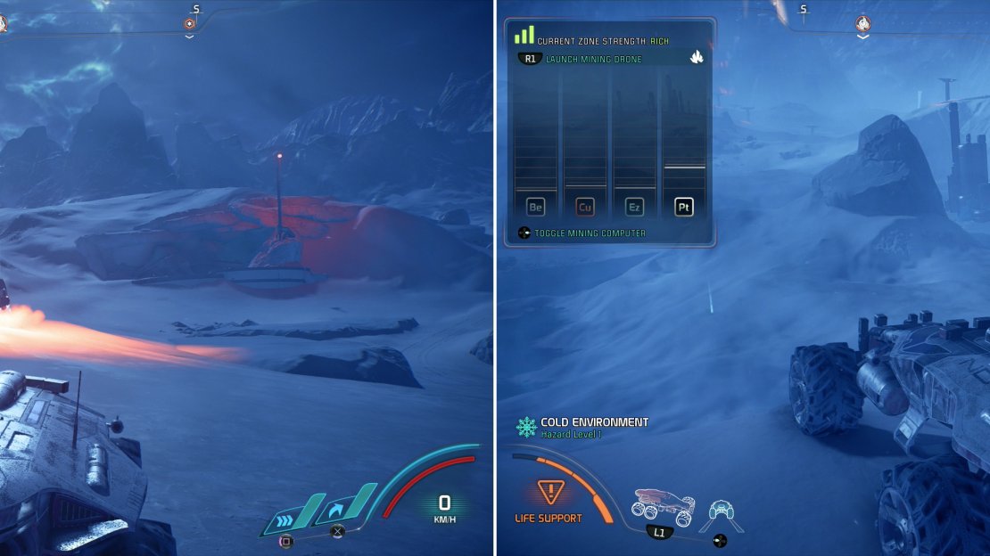 Scattered Forward Stations will provide zones of safety amidst Voeld’s harsh weather (left) and the planet is unusually abundant in valuable resources (right).