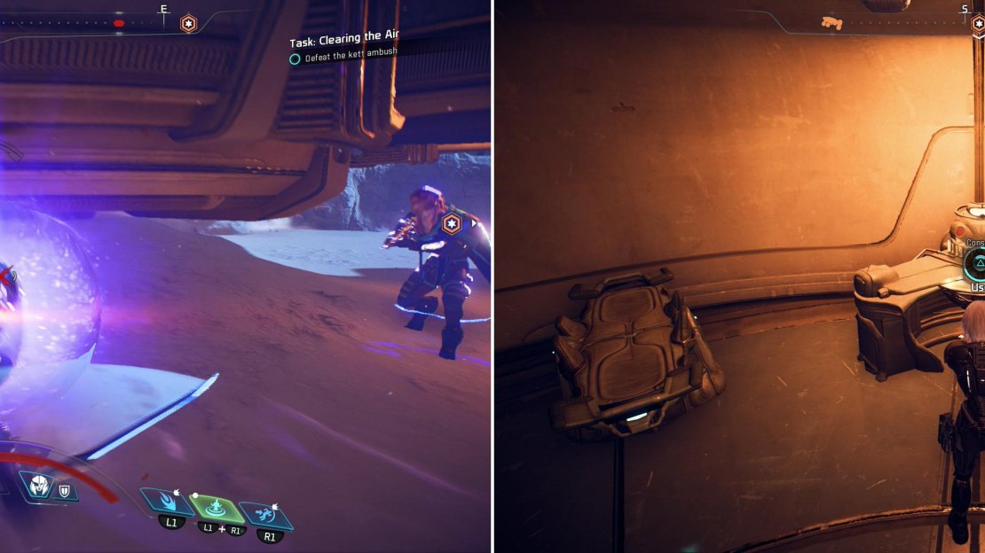 Defeat the Kett ambush (left) then turn off the Kett console to hinder their shuttle deployment operations on Voeld (right).