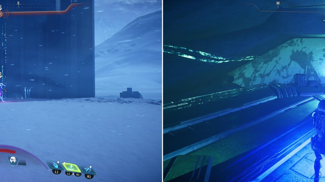 Destroy the Kett Devices randomly found near unmarked Remnant ruins (left) until you get a navpoint that leads you to a large, underground Remnant structure (right).