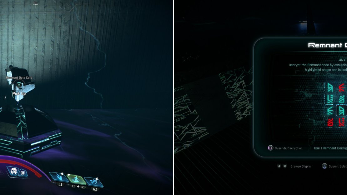Grab the Remnant Data Core (left) and scan some glyphs to solve the Remnant puzzle (right).