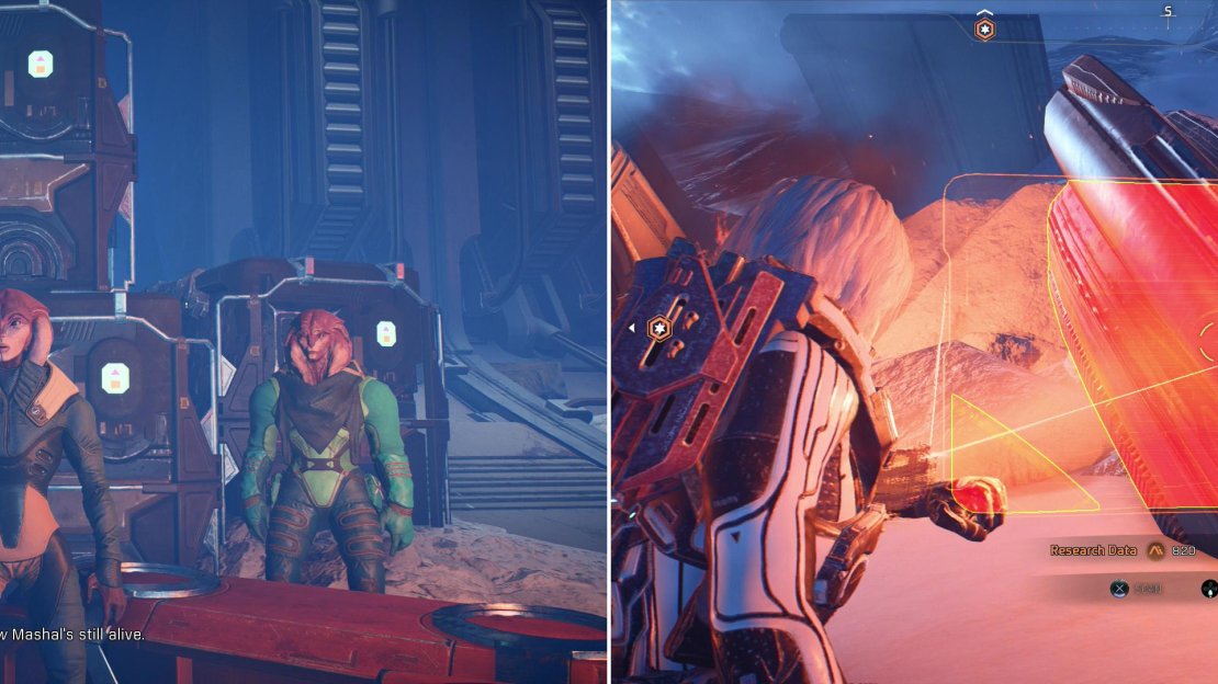 Talk to Haana at the Resistance Base to find out about her friend Mashal (left), then scan the ruins of the weapon’s depot she destroyed (right).