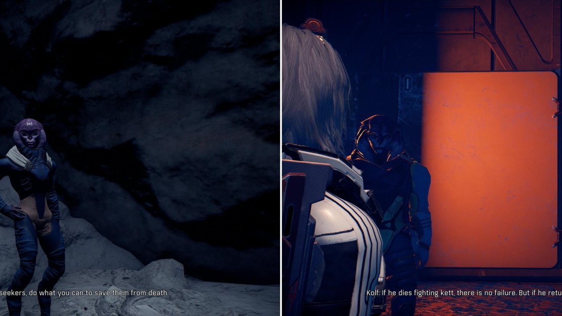 Talk to the Angaran Priestess in the Resistance Base (left) then head to the Techiix Station to find the aforementioned Gloryseekers (right).