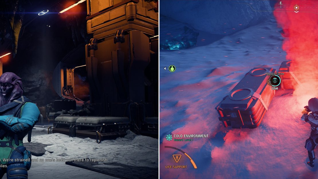 Talk to Dr. Harihn in the Resistance Base to hear about some depleted medical caches (left) then search the surface of Havarl and replenish them (right).