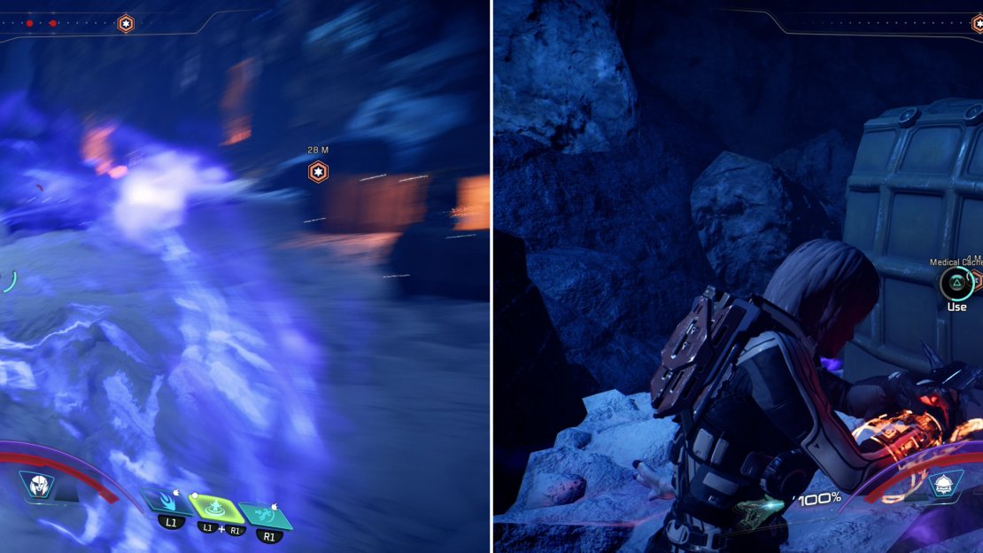 Fight your way into the Kett base (left) and fill the Medical Cache there (right).