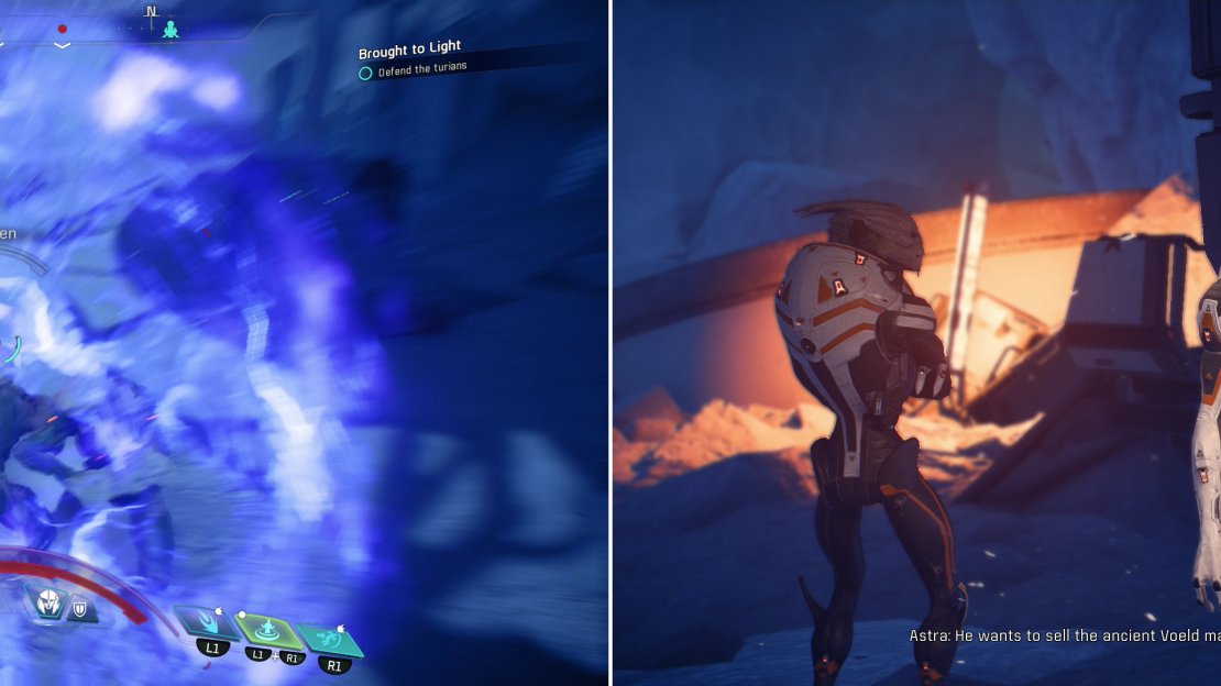 Kill the Kett that are harassing some Turians (left) after which the Turians will tell you the truth about Rjoek’s little errand (right).