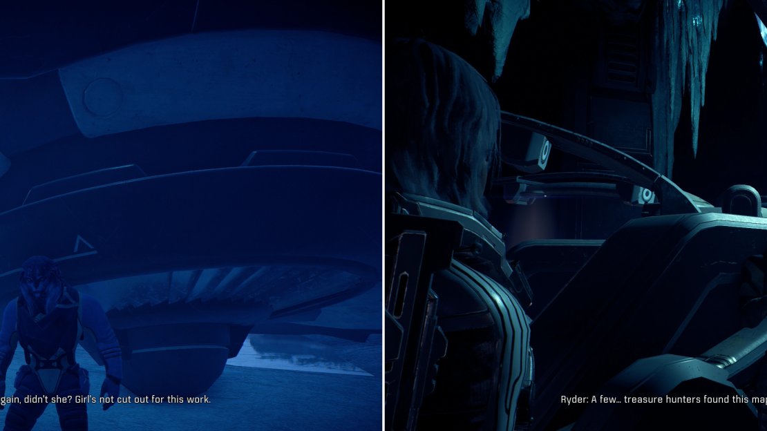 Confront Rjoek about his duplicity (left) then deliver the map to Intelligence Officer Kaas back at the Resistance Base (right).