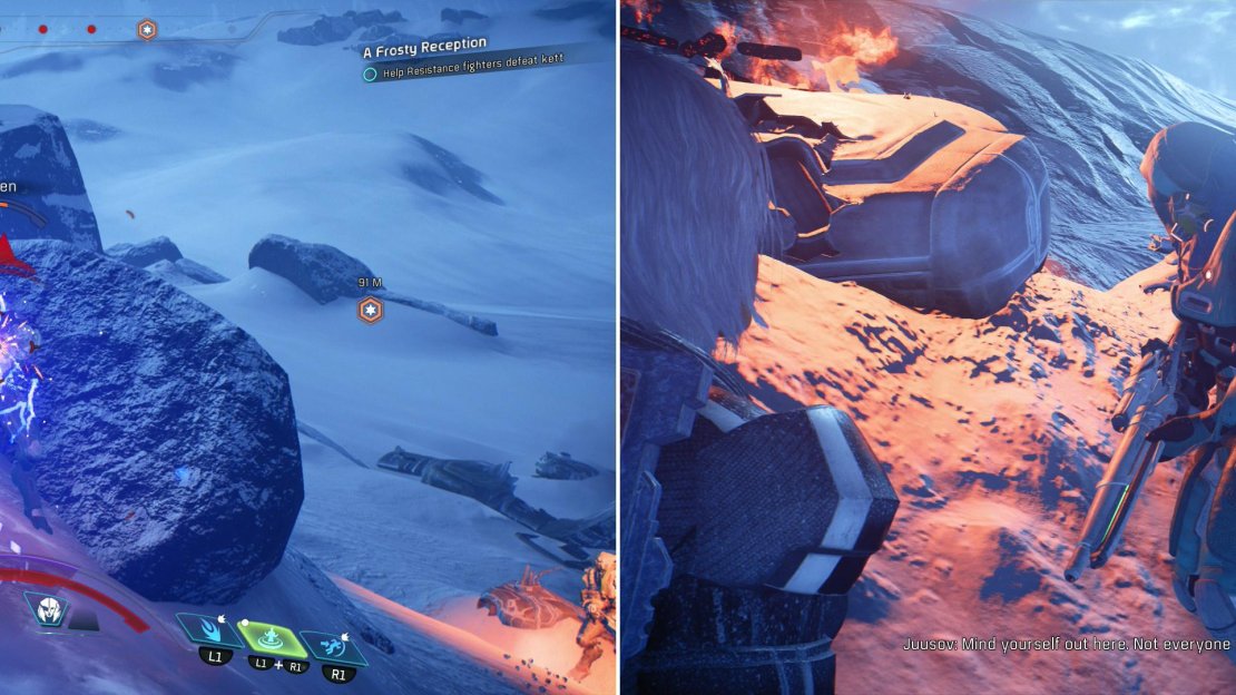 Help the Resistance fighters fend off some Kett (left) then talk to their less-than-friendly leader (right).