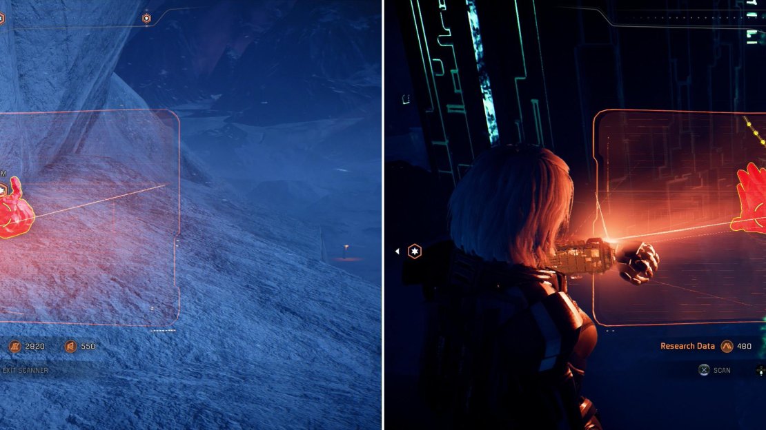 Numerous mineral samples can be scanned across Voeld, like the Platinum Sample above the Techiix Station (left) and the Lithium Sample near the western monolith (right).