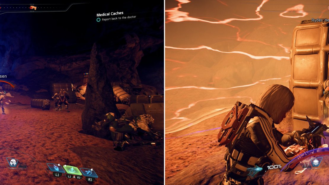 Fight through the caves near the Kett base (left) and disable the base’s shielding (right).