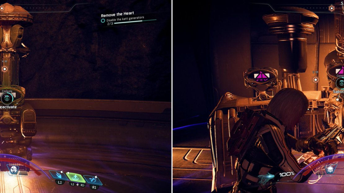 Survive waves of Kett to reach three Kett generators (left) after which you can disable the base’s security and open the way to the core (right).