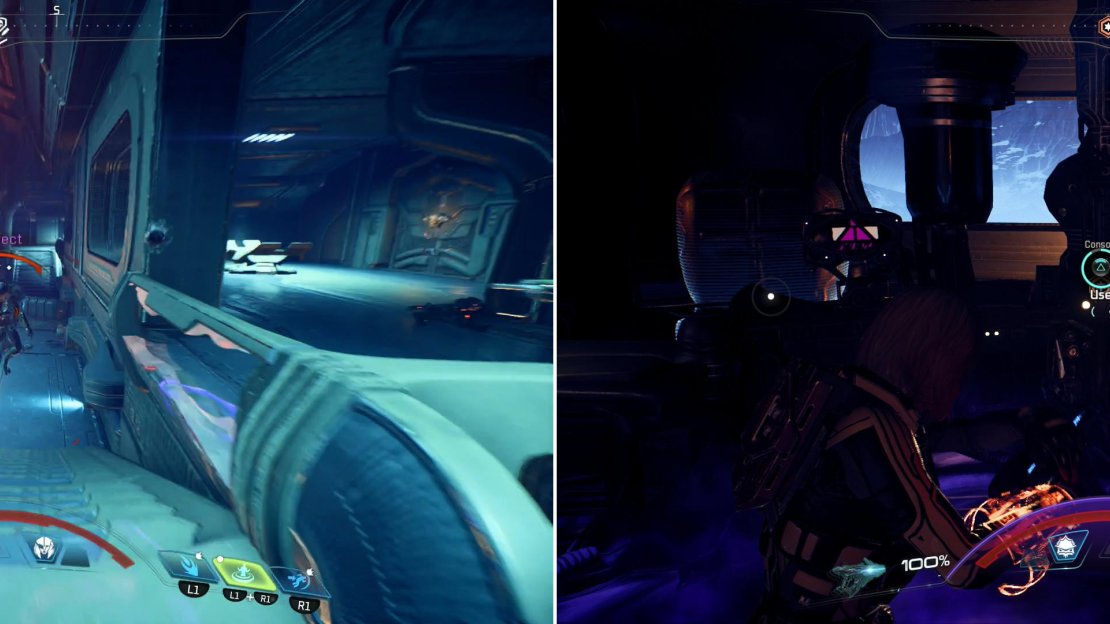 After destroying the Hangar Platforms, the base’s commanding officer - the Prefect - will show himself (left). Defeat the Prefect and ride an elevator to the base’s command center, where you can finally disable the outpost entirely (right).