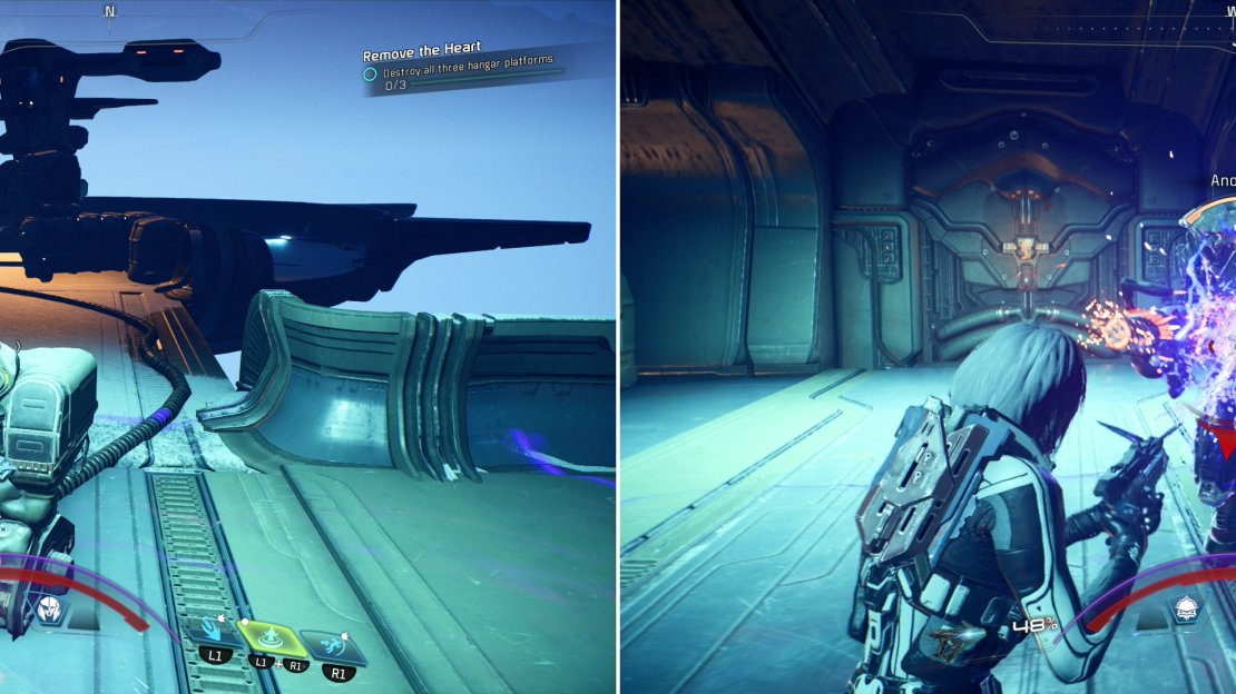 Activate consoles to destroy the base’s Hangar Platforms (left) but be wary, as Kett will spawn as you activate the consoles (right).