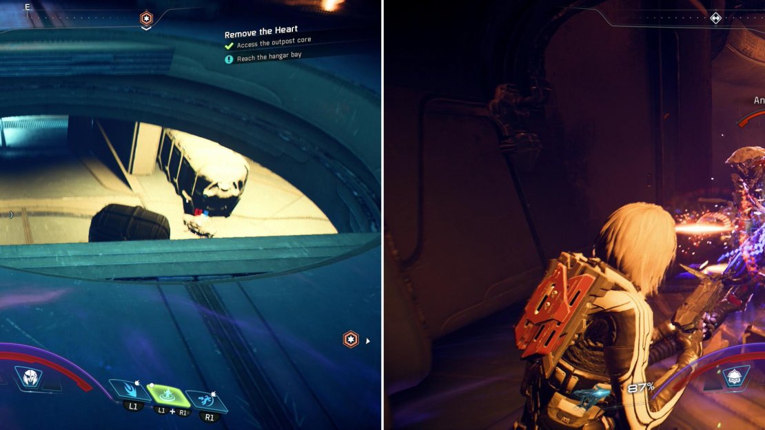 Drop down the hole to reach the base’s core facilities (left) and kill whatever Kett you find waiting for you (right).