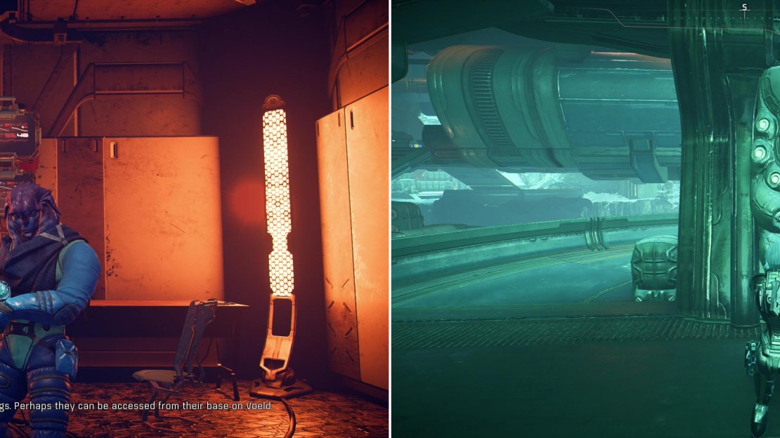 Talk to Ari Vesjek at the Techiix Station and he’ll request you go acquire some Kett logs (left). Sabotage some consoles at the main Kett base on Voeld (right).