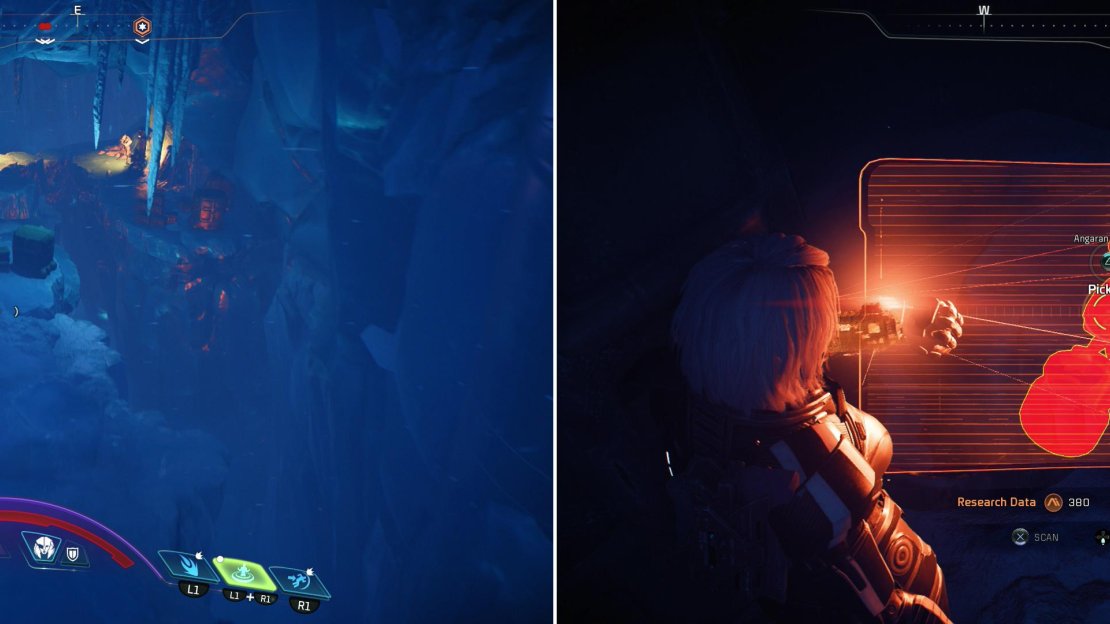 Complete the quest “Remove the Heart” after which you can explore the buried Angaran city of Ja Niihk (left). Be sure to pick up an Angaran Artifact as you explore (right).