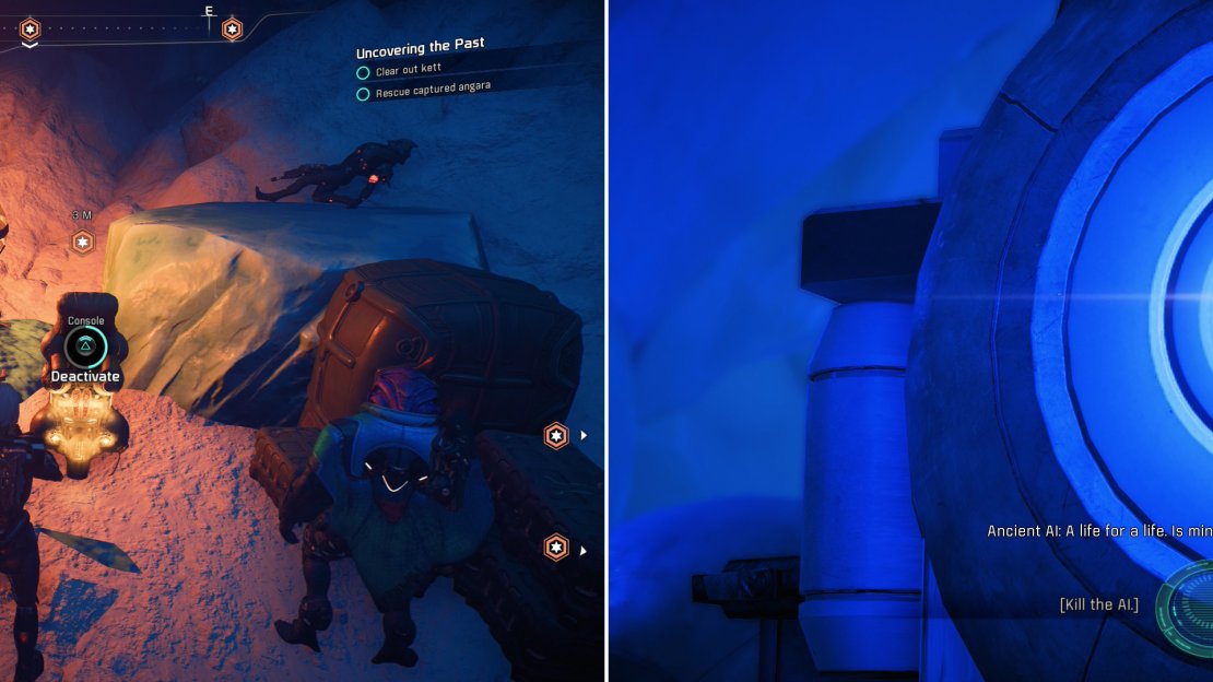 Free the captive Angara (left) then confront the Ancient AI that dwells in the depths of Ja Niihk (right).