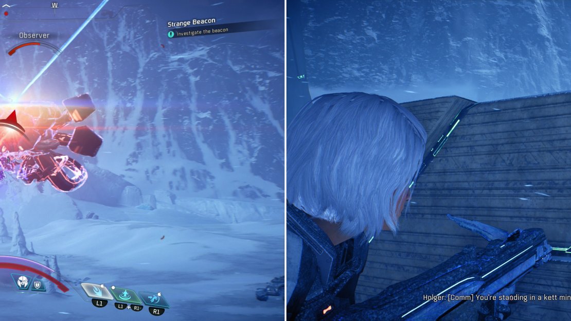 Kill the Remnant near some ruins (left) then interact with a Strange Beacon to get some startling news (right).