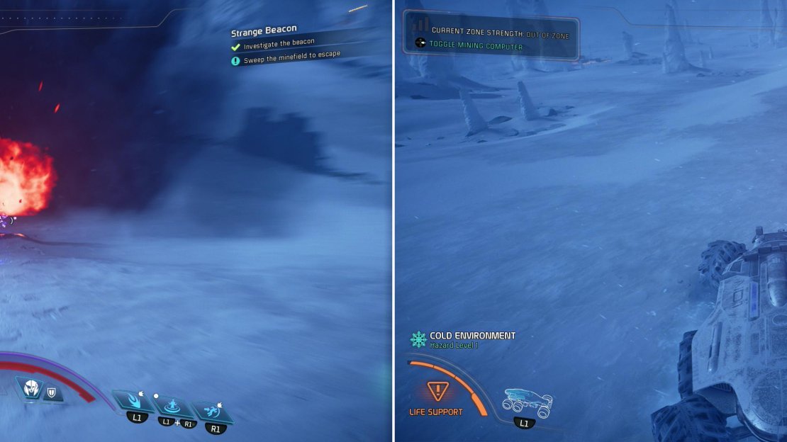 You can go around scanning and destroying mines (left), but it’s far simpler to just hop in the Nomad and drive away (right).