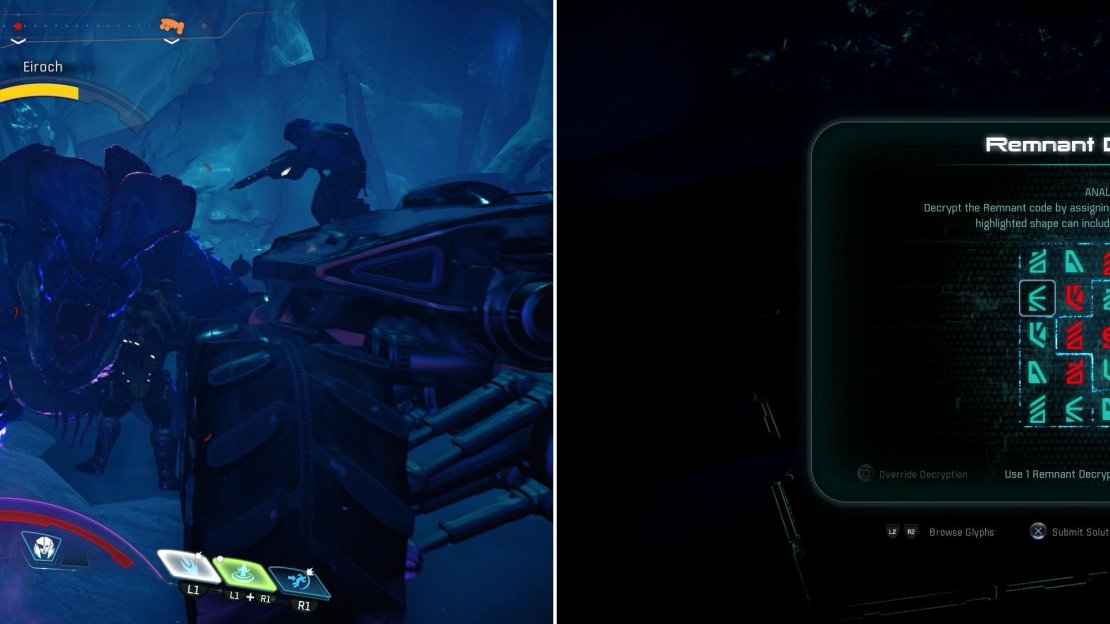 Beware the Eiroch that prowls in the tunnsl leading to the eastern monolith (left) and solve a Remnant puzzle to activate the monolith.