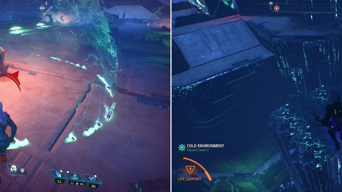 Voeld’s vault is unique in that the environment will be a constant threat, requiring you to seek out the safety of Remnant Shield Chargers to recover your life support (left). Platforming is another tedious feature of the vault on Voeld (right).