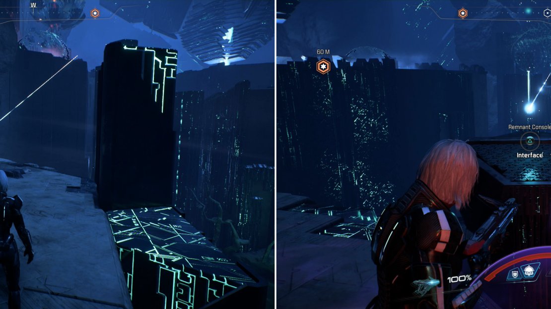 Activate a series of Remnant Consoles to restore power to another console across the level (left), then activate this console to bring down one of the two barrier blocking the way to a treasure room (right).