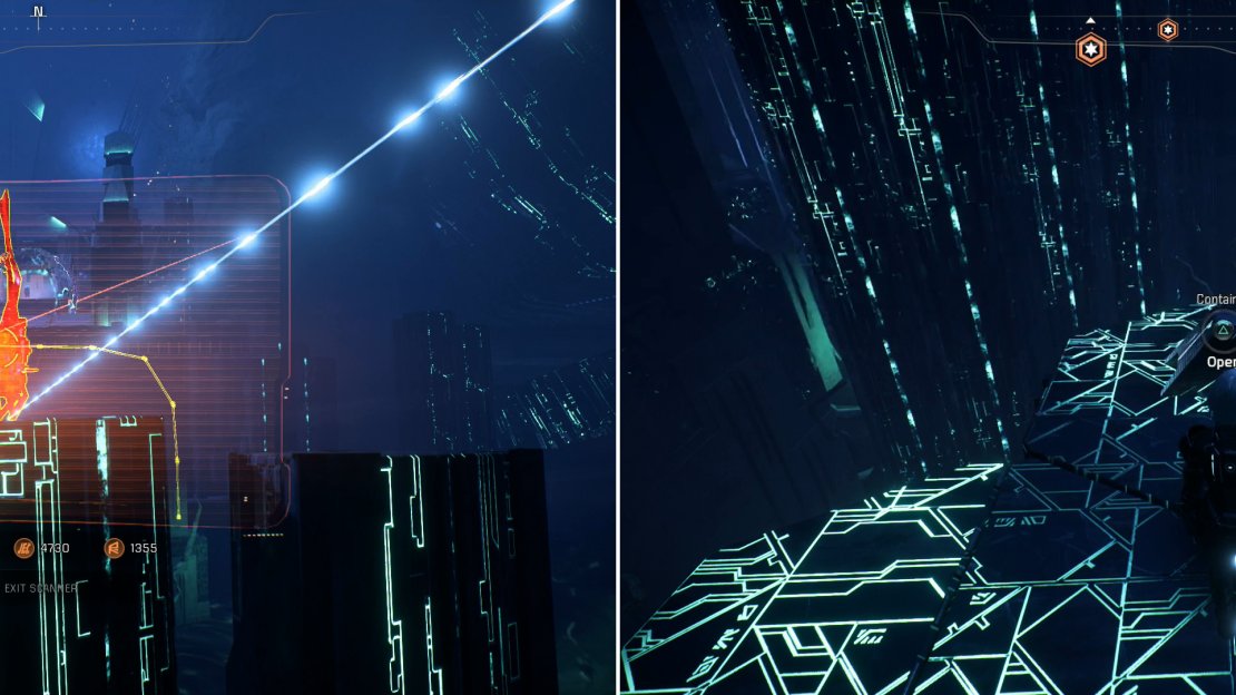 Activating linked Remnant Consoles to bring an Adaptive Remnant Core Device into scanning range (left). Other consoles lead to more conventional loot (right).