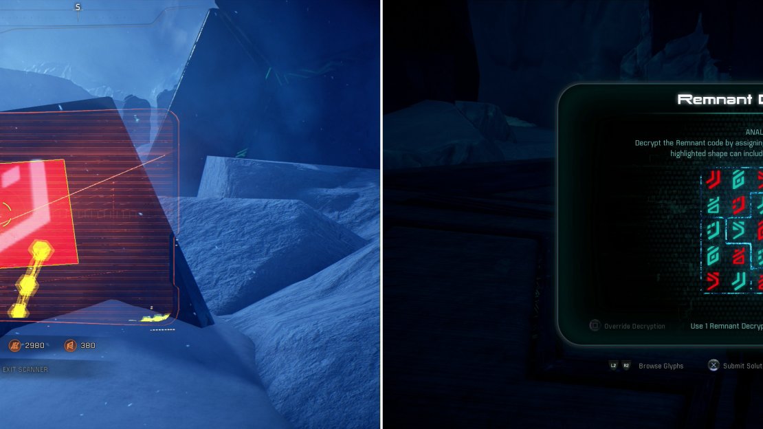 The western monolith may be below ground, but its glyphs will be found above ground (left). Scan them, then solve the Remnant puzzle encrypting the console for the monolith (right).