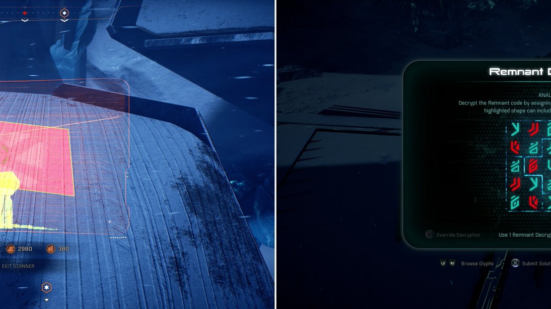 Search atop the monolith arms to find some glyphs (left) then solve a Remnant puzzle to activate the northern monolith (right).