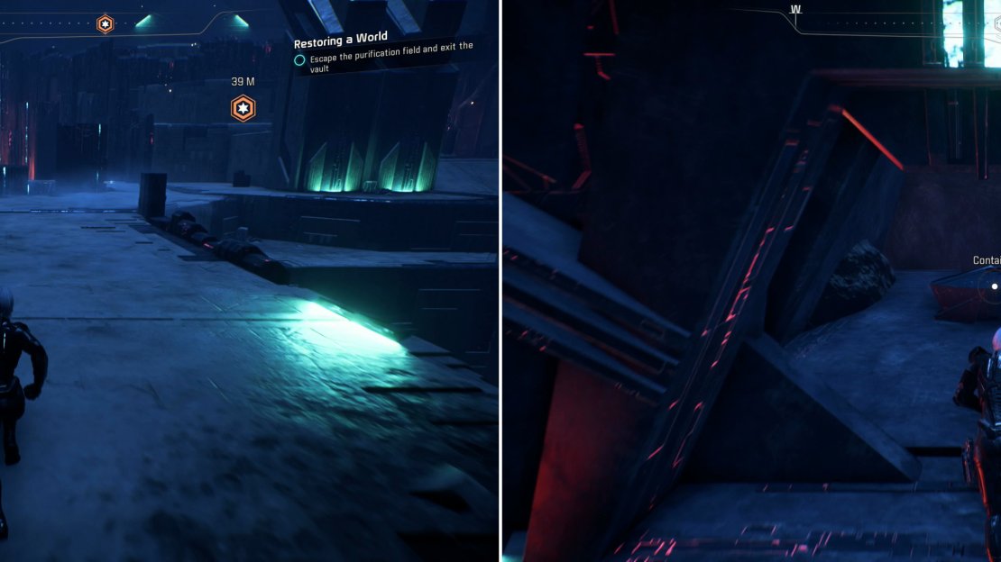 Flee from the purification field (left). If you disabled the barrier to the treasure room earlier, you may wish to hazard a detour to claim some loot (right).
