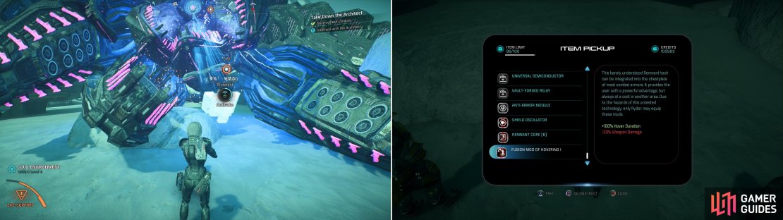 When the Architect falls, activate it to neutralize it permanently (left) then loot the lucrative container it leaves behind (right).
