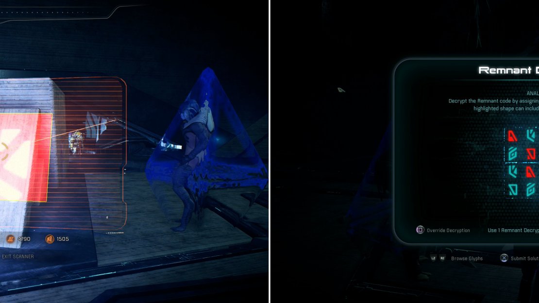Scan glyphs around the trapped scientists (left), then solve the Remnant puzzle to free them (right).