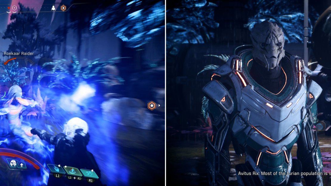 Fend off the Roekaar attacking the Turian camp (left) then talk to Avitus Rix (right) to learn what he knows of the Turian Ark’s fate.