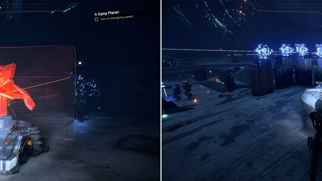 Consider destroying a dormant Remnant Turret before it can cause you trouble (left). Activate several Remnant Consoles in order of the numer of lights near them (right).
