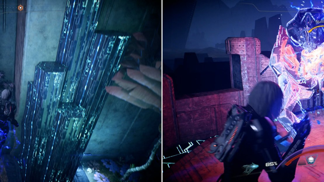 Once on the exterior of the Remnant structure you’ll have to continue platforming to reach the top (left) stopping only to dispatch the odd bit of Remnant resistance (right).