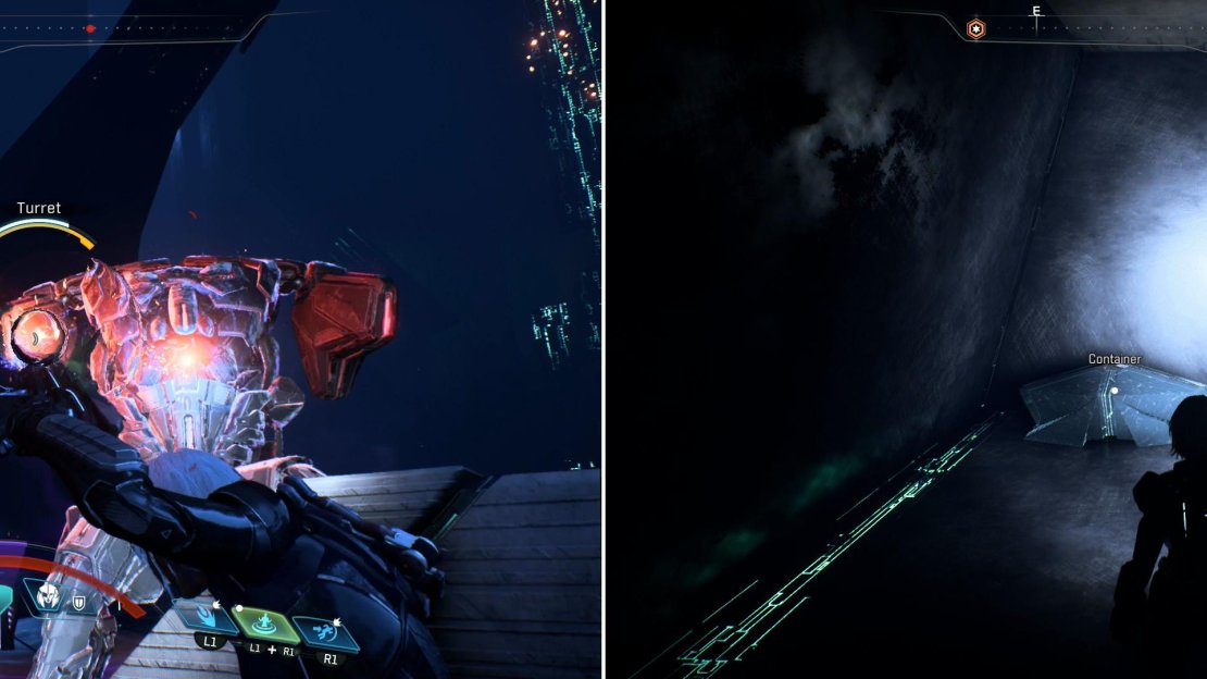 Defeat the Destroyer (left) then deploy a bridge and loot a small treasure room (right).