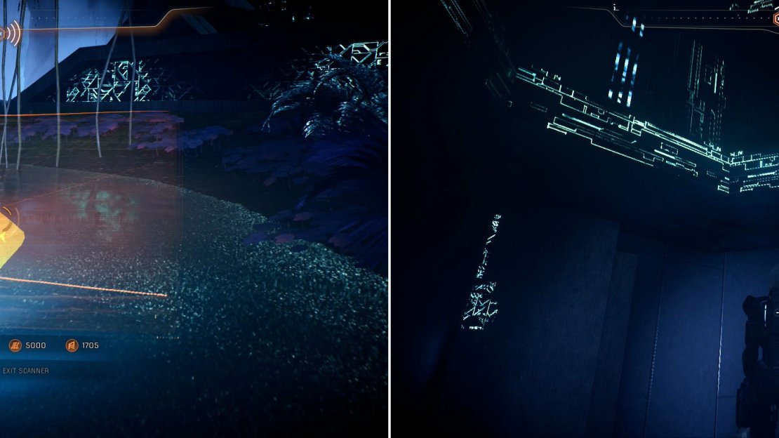 Scan and follow a conduit to find a Remnant Console (left) then leap up several hexagonal openings (right).