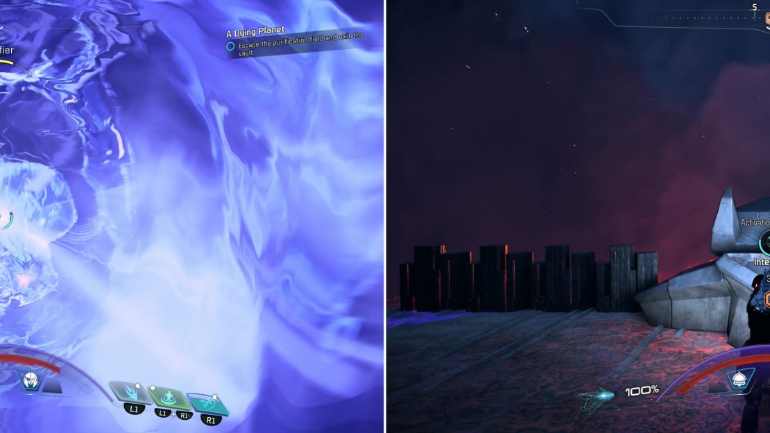 Fight your way through the Remnant that appear when the purification field activates (left) then close the doors to escape the field (right).