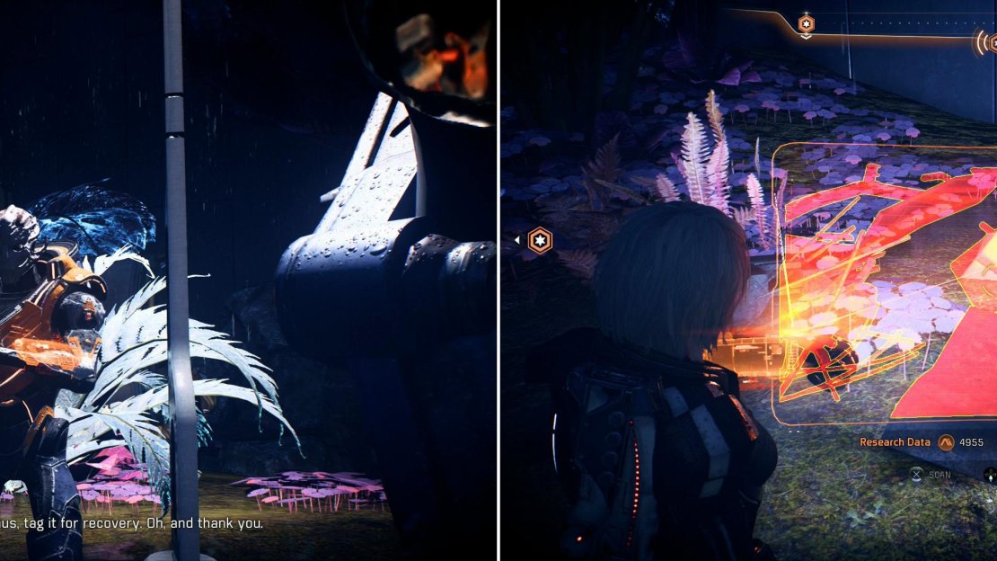 Talk to Drusa at the Turian camp (left) then scour Havarl, moving from navpoint to navpoint in search of debris to scan and loot (right).