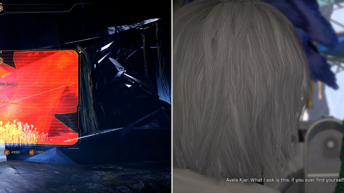 Search Havarl’s trench to find the wreckage (left) then return to Avela Kjar with the Ancient Agaran Pilot’s Helmet you recover from said wreckage (right).