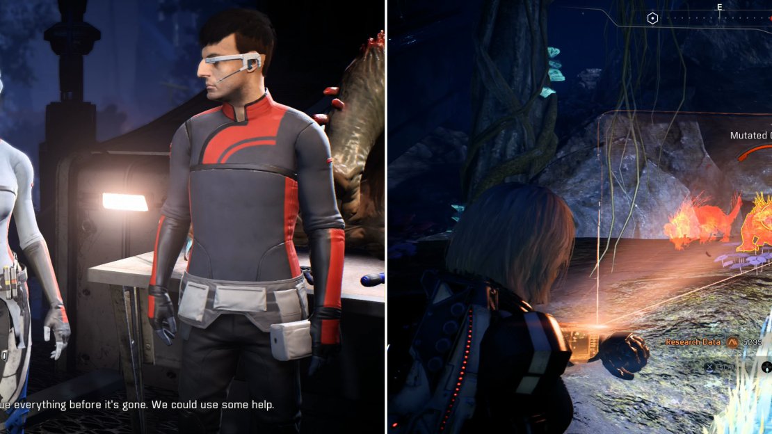 Talk to some researchers on Havarl to learn about the dwindling time window for their research (left). Agree to help them and scan the mutated wild life (right).