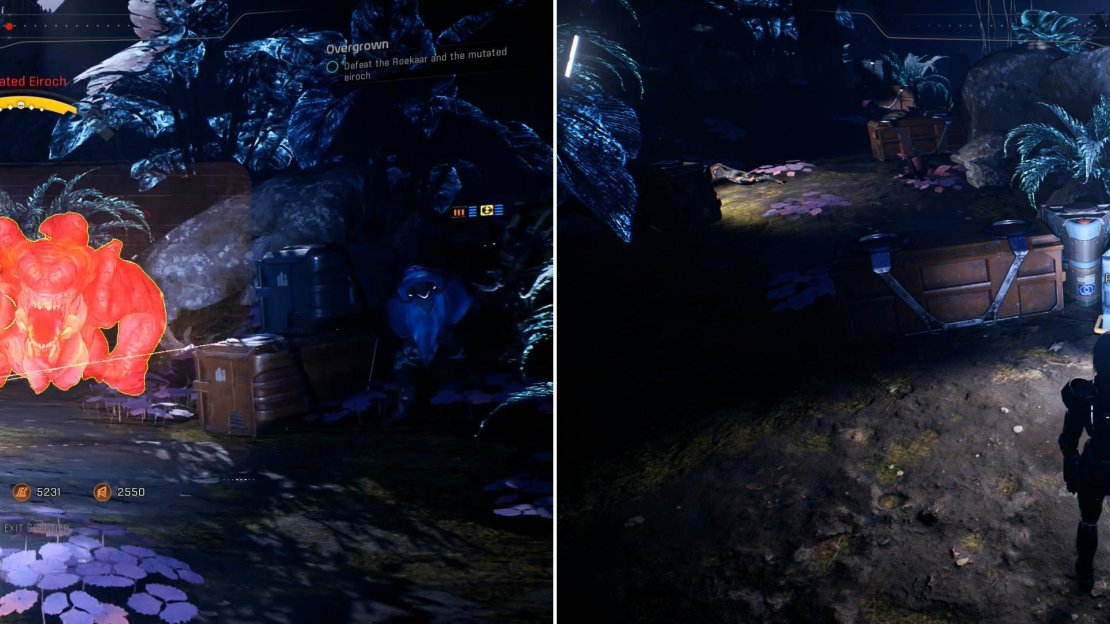 The most dangerous of the beasts is a Mutated Eiroch (left). Kill it and the Roekaar also hunting it, then search their camp for intel, and a Roekaar Datapad (right).
