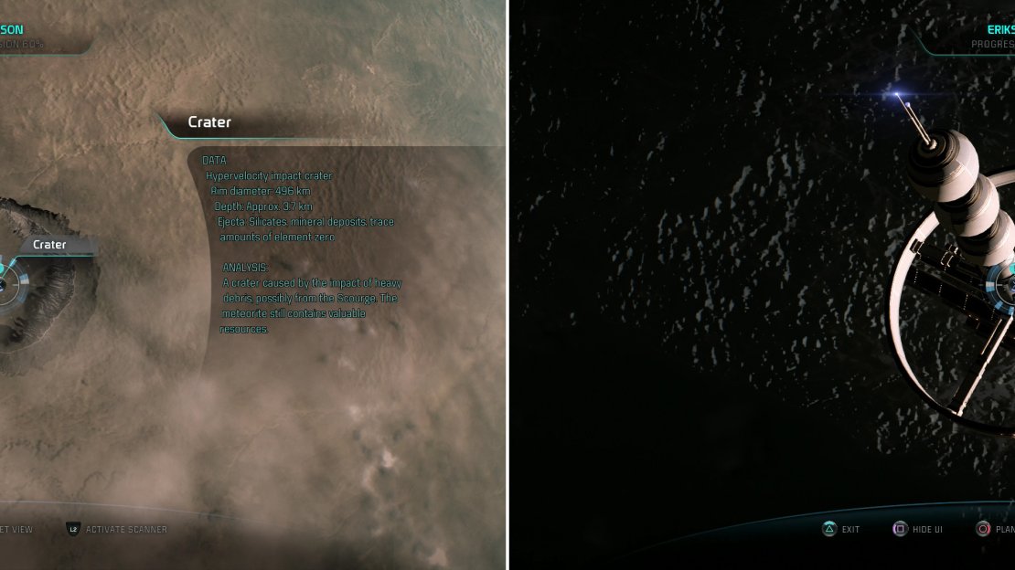 On Vinland you’ll find a crater you can scan for some XP (left) while over Habitat 7 you’ll find a unintentionally deployed satellite, which is worth Research Data when scanned (right).
