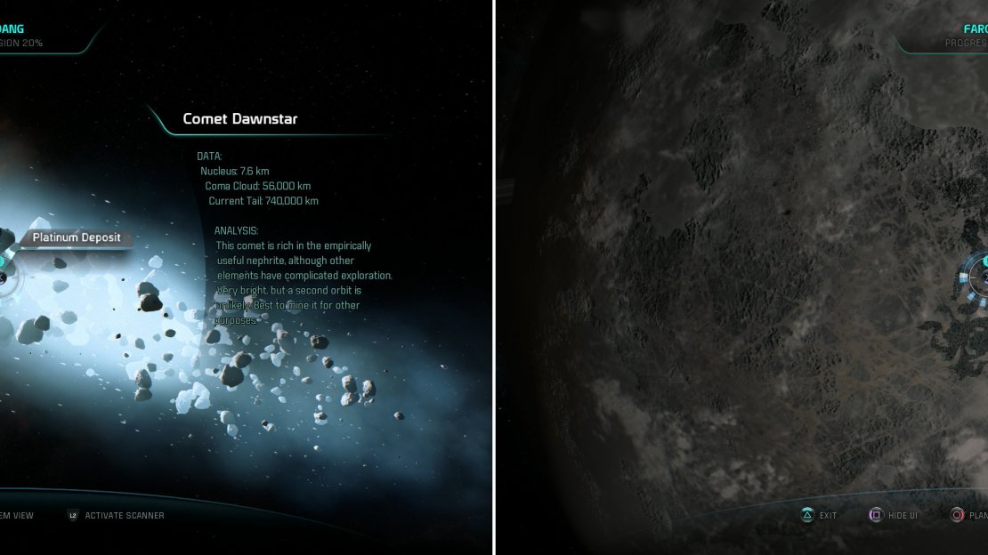 Faroang is home to the Comet Dawnstar, from which Platinum can be extracted (left). On Yilfaen you’ll find Graphite (right).