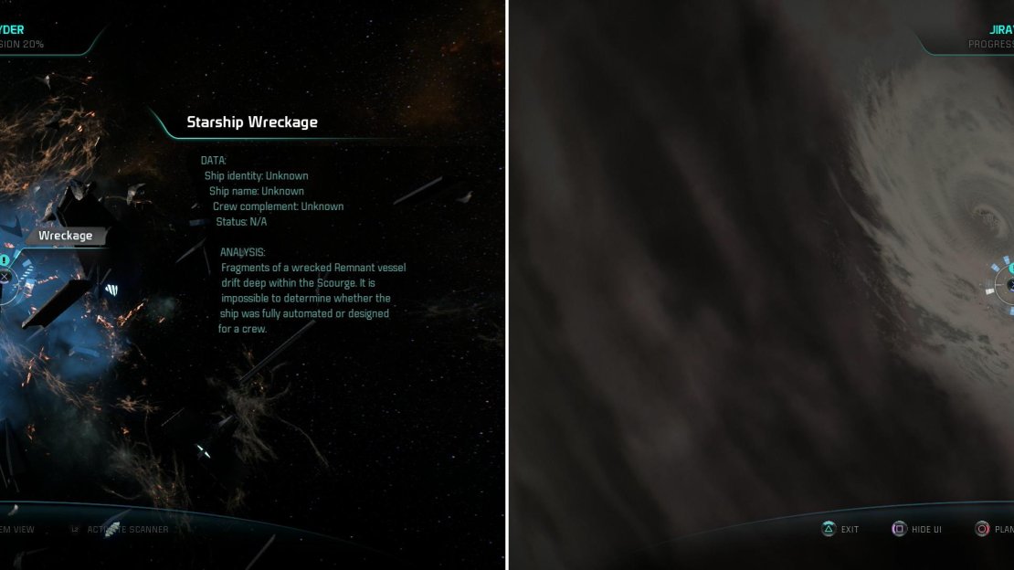 A Starship Wreckage can be scanned for some salvage (left), while the storm on Candavorni is worth scanning for some XP (right).