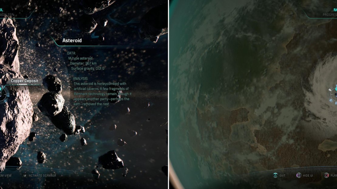 An Asteroid yield a Copper Deposit (left) and viewing some inclimate weather on Ditivios will earn you some XP (right).