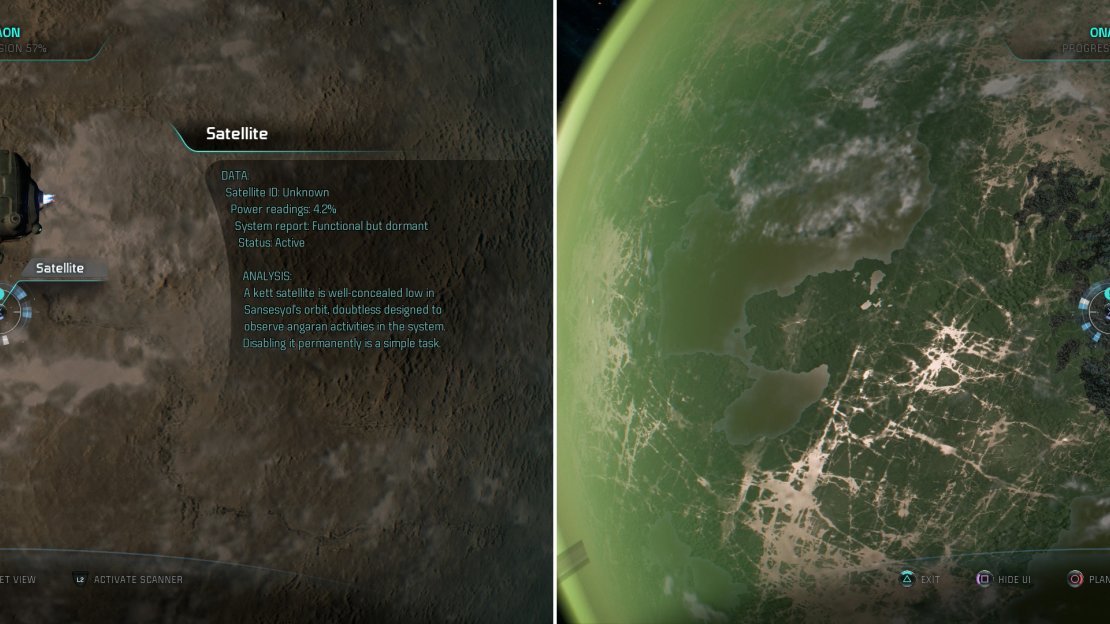 The planet Sansesyol is watched by a Kett satellite (left) while Obayro will yield some Graphite (right).