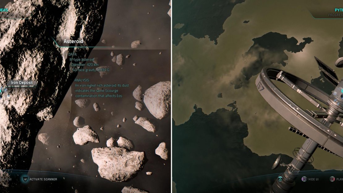 Scan an Asteroid to nab some iron (left) while orbiting H-276 you’ll find a Satellite (right).