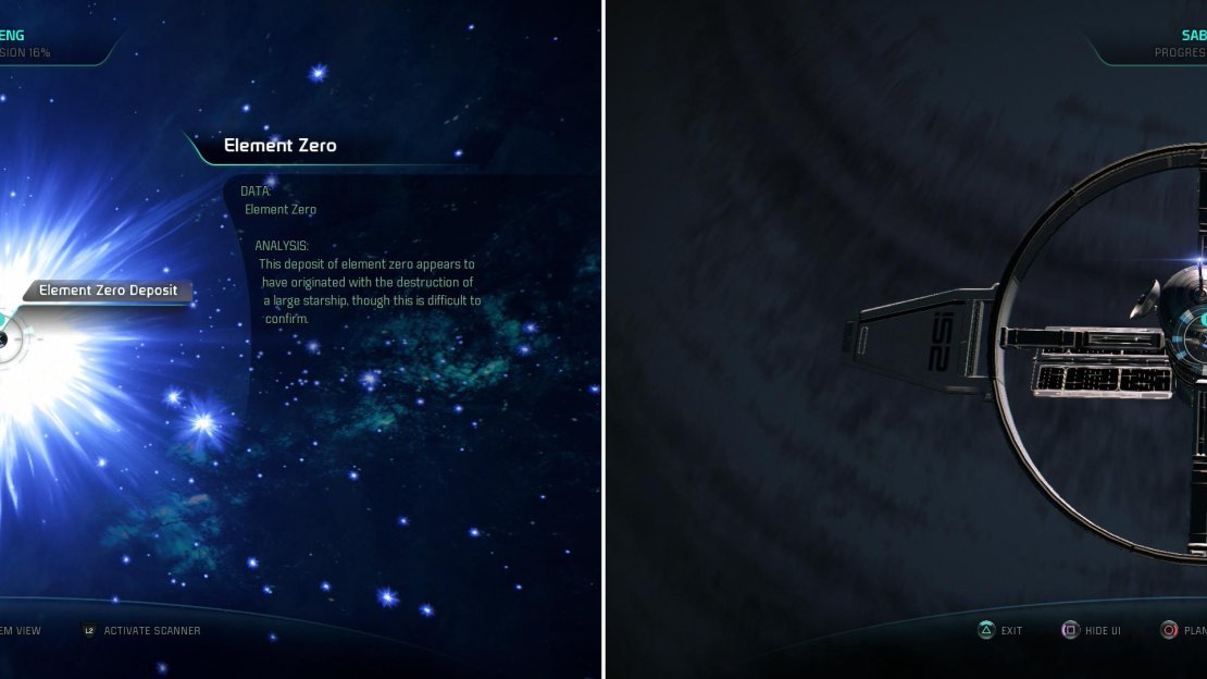 A rare deposit of Element Zero can be found in this system (left), while orbiting Pas-33 you’ll find a Satellite (right).